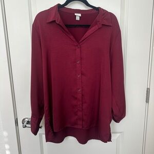 Red/Burgundy Button-Down Long Sleeve Blouse